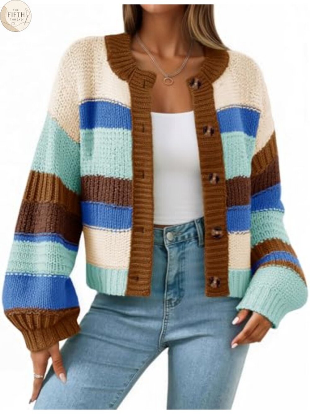 Womens Striped Chunky Cardigan Oversized Lantern Sleeve Button Knit Sweater